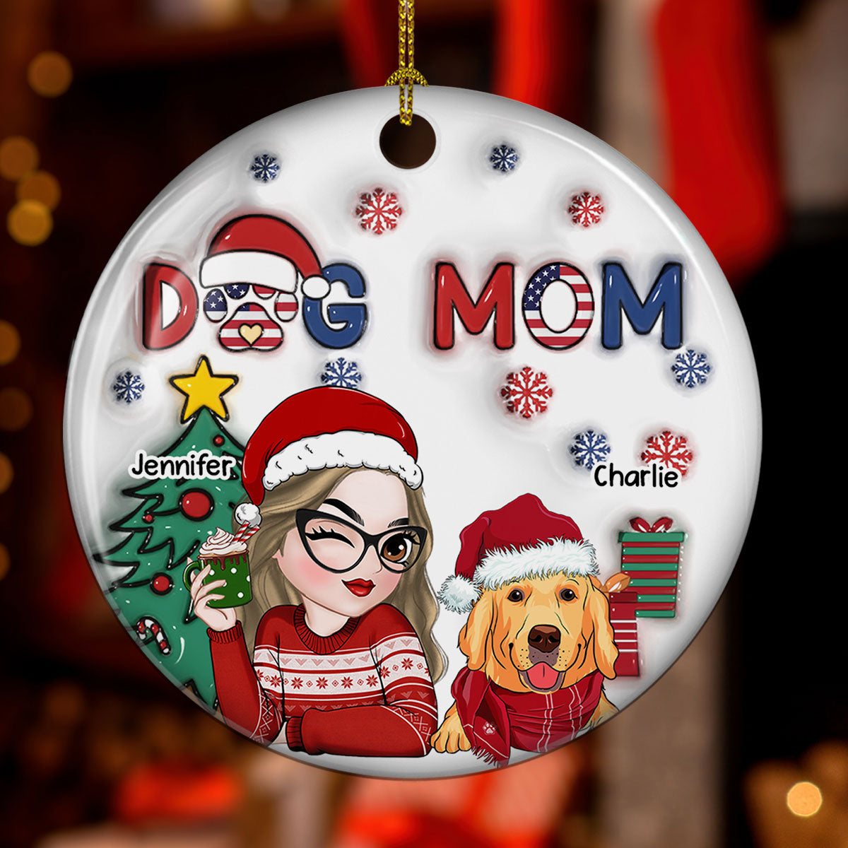American Dog Mom Christmas - Personalized Custom 3D Inflated Effect Ceramic Ornament
