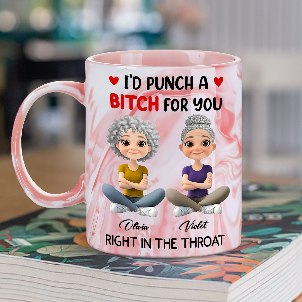 I Punch A Bitch For You My Friend Chibi Cartoon - Personalized Custom Pink Marble Mug