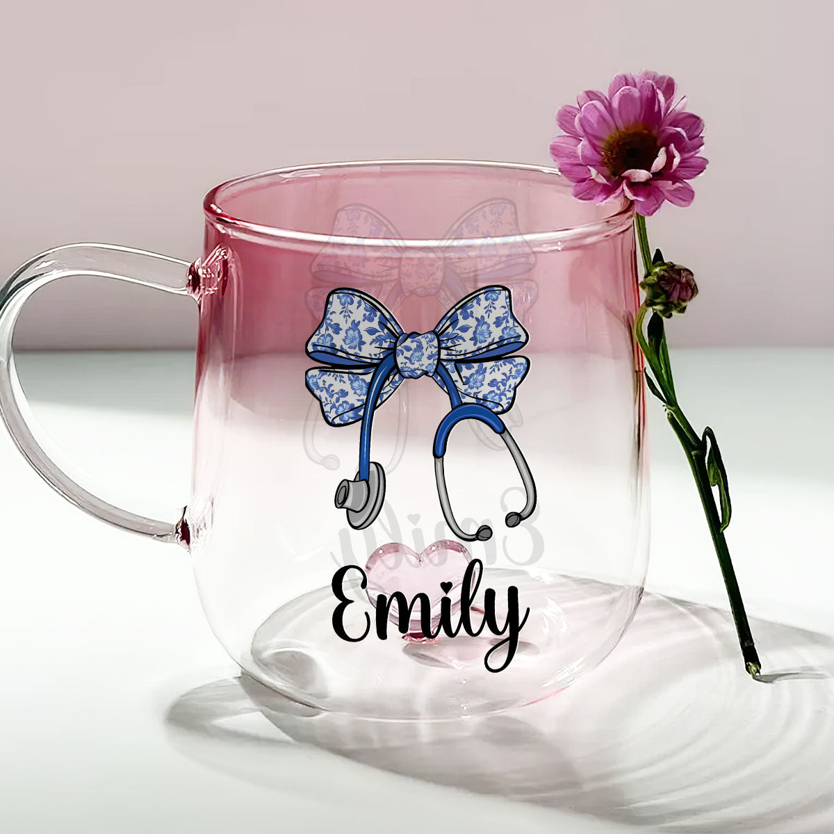 Bow Stethoscope - Personalized Custom Pink Gradient Glass Mug