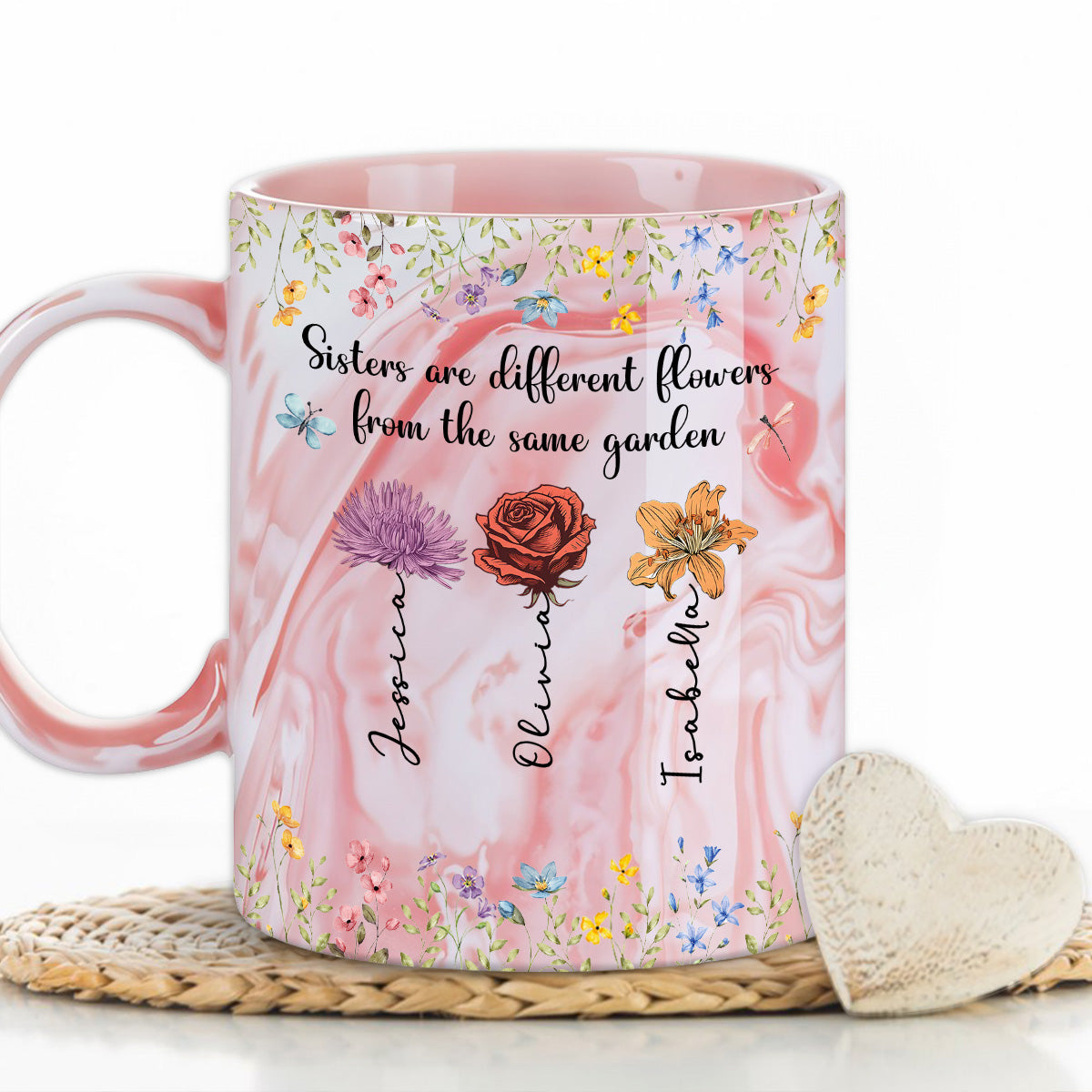 Sisters Are Different Flowers - Personalized Custom Pink Marble Mug
