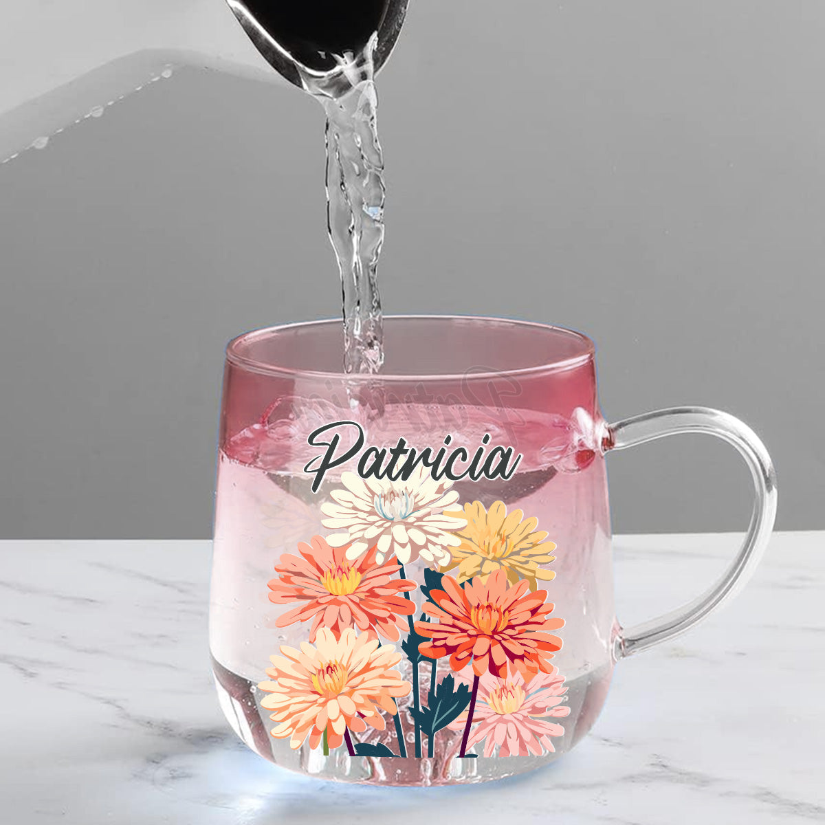Custom Name Birth Month Flowers - Personalized Custom Pink Gradient Glass Mug