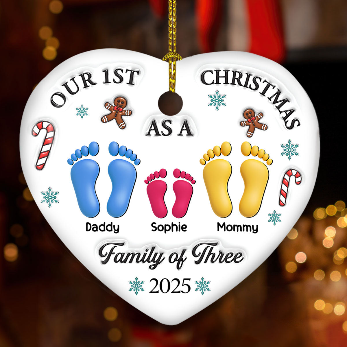 Our First Christmas - Personalized Custom 3D Effect Heart Ceramic Ornament
