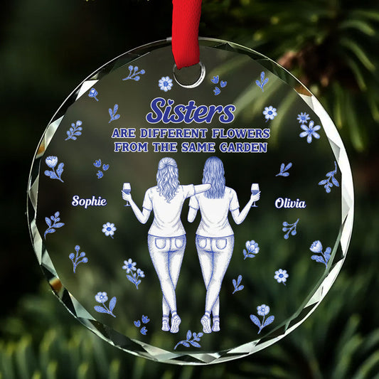 Sisters Are Flower Blue Toile - Personalized Custom Glass Ornament