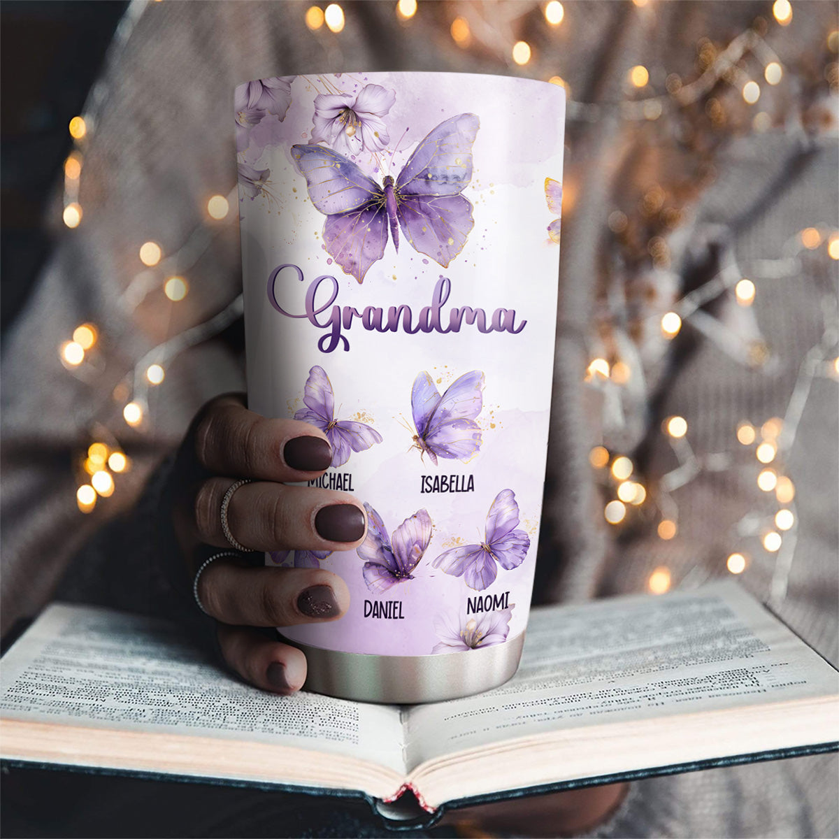 Grandma Purple Butterfly With Flower - Personalized Custom Tumbler