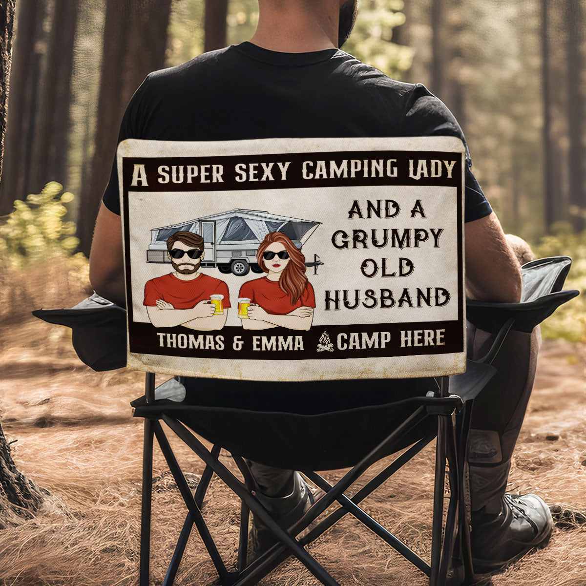 Sexy Camping Lady And Grumpy Old Husband - Personalized Custom Camping Chair Cover