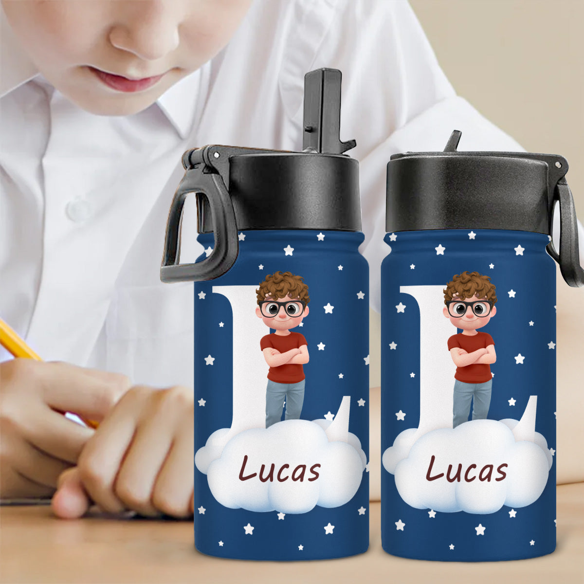 Cute Kid With Cloudy - Personalized Custom Kids Water Bottle