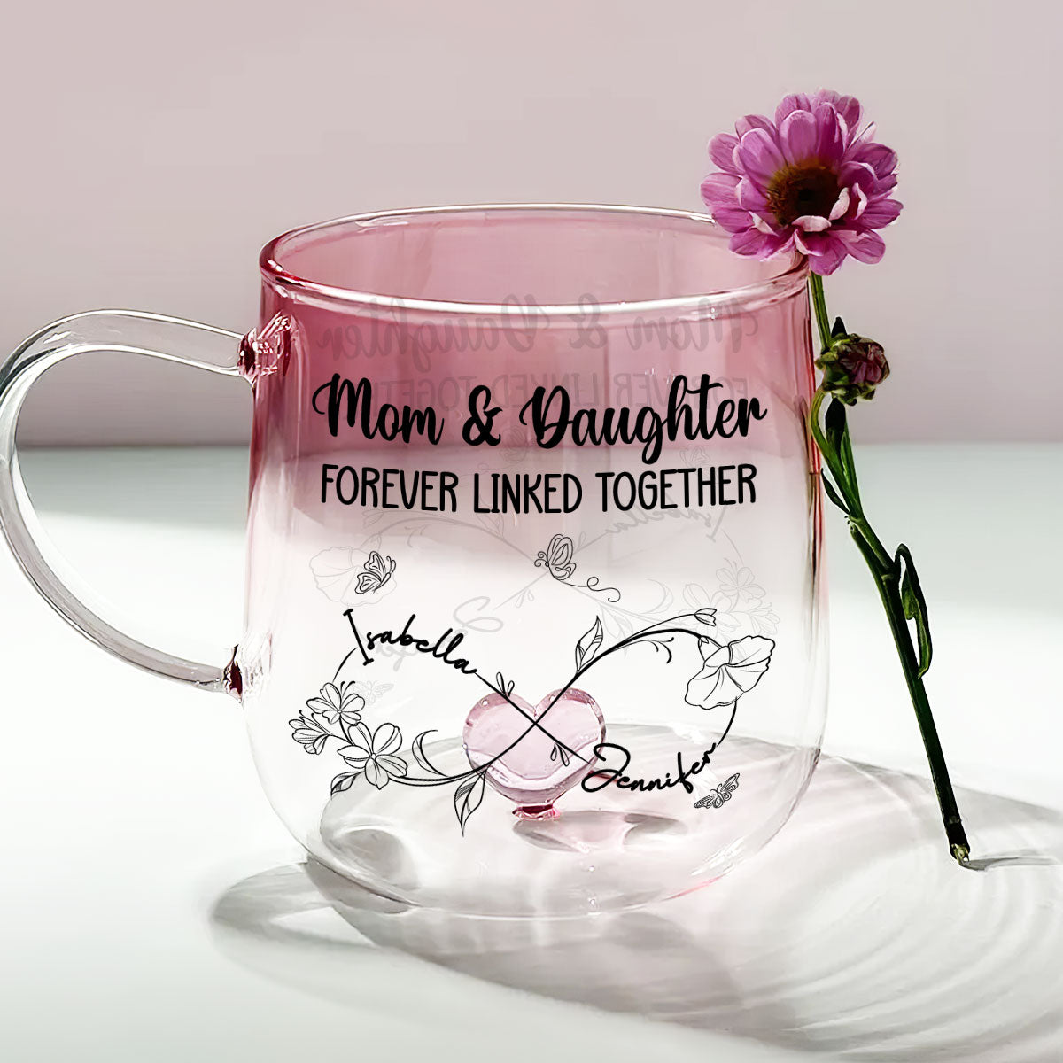 Mom And Daughter Forever Linked Together - Personalized Custom Pink Gradient Glass Mug