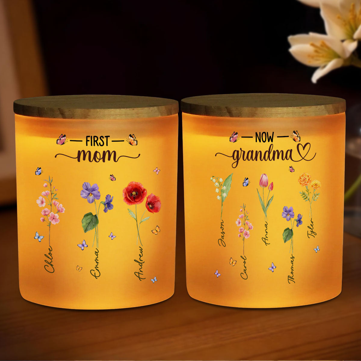 Grandma Birthmonth Flower - Personalized Custom Glass Jar With LED Candle