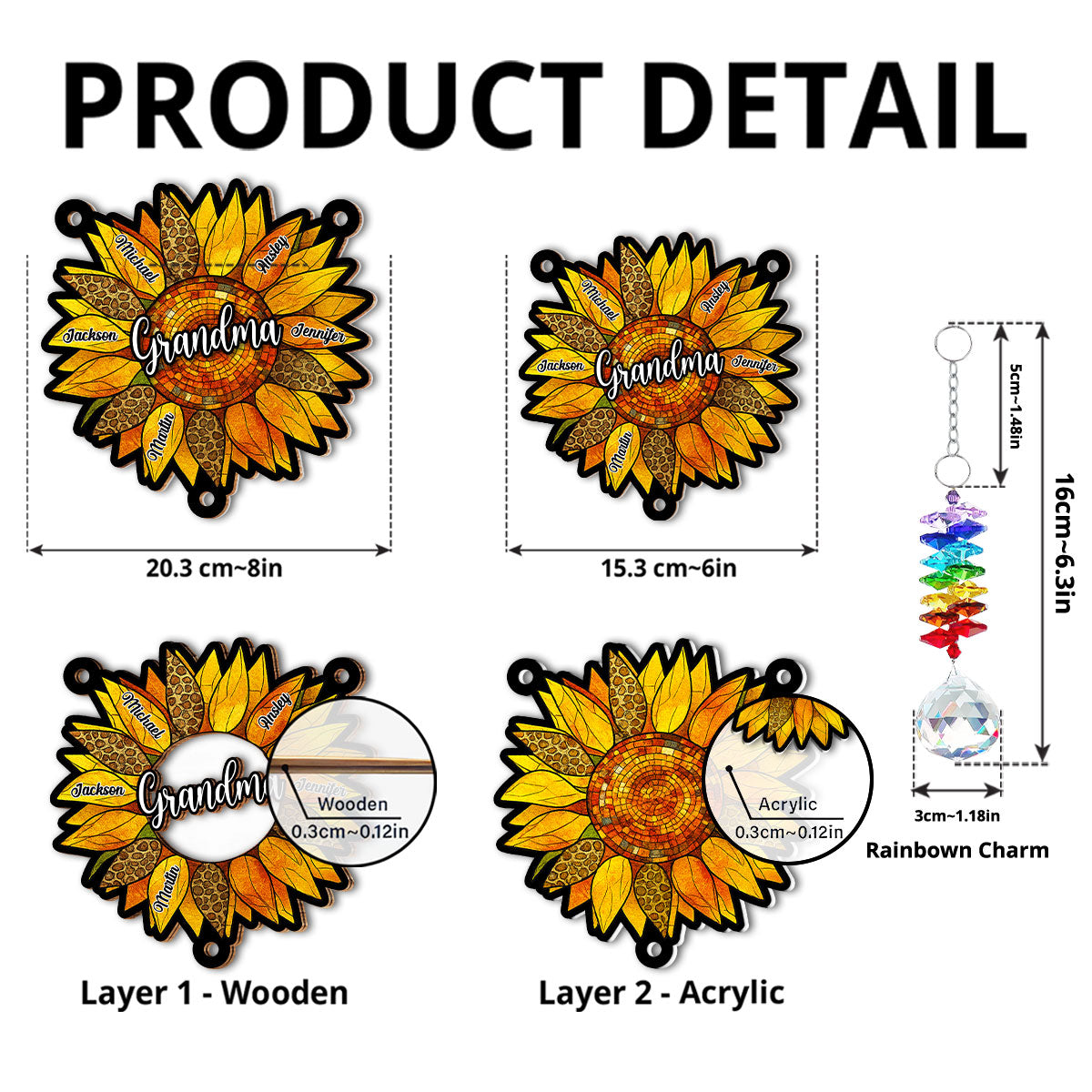 Beautiful Sunflower Grandma - Personalized Custom Suncatcher With Crystal Rainbow Charm