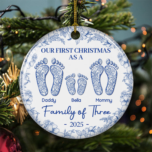 First Christmas As A Family Of Four Toile Footprints - Personalized Custom Ceramic Ornament