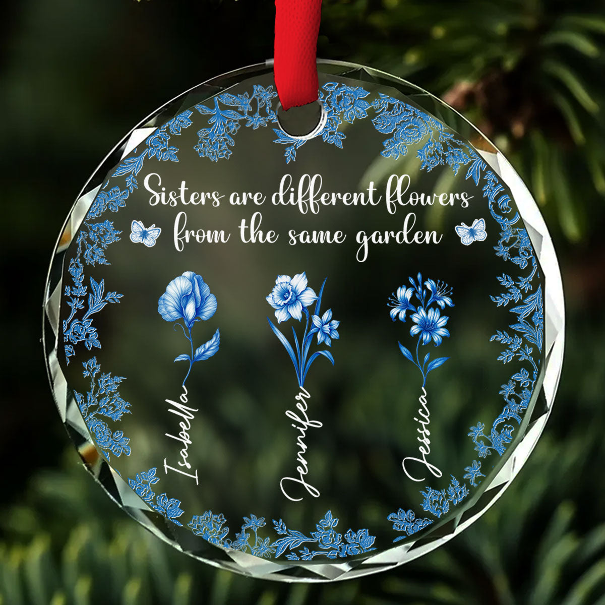 Bestie Flowers Toile De Jouy Style - Personalized Custom Glass Ornament
