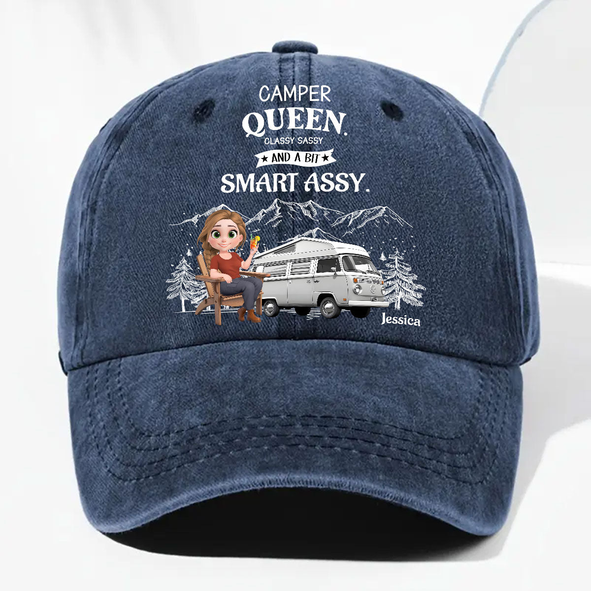 Truly A Queen Of Campers - Personalized Custom Vintage Washed Denim Cap