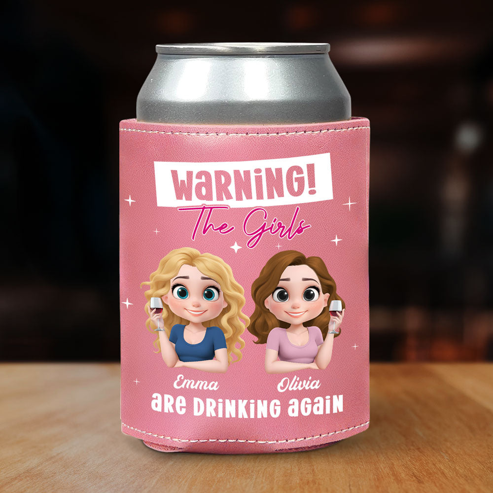 Drinking Alert - Personalized Custom Pink Leather Can Cooler Holder