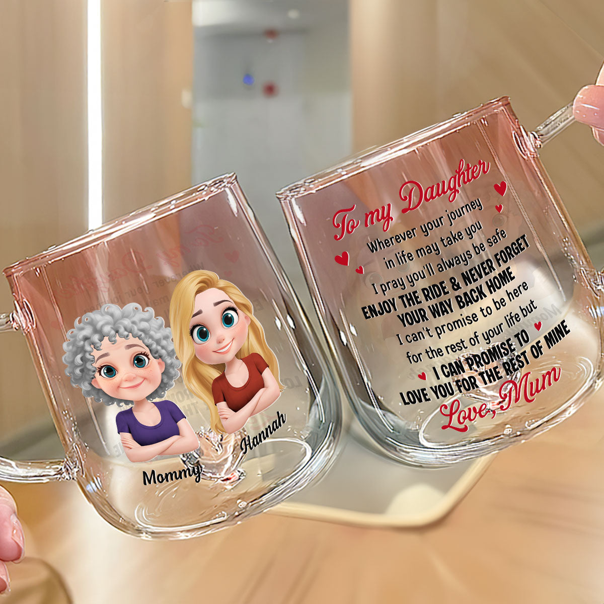 Mom To Daughter Enjoy The Ride - Personalized Custom Pink Gradient Glass Mug