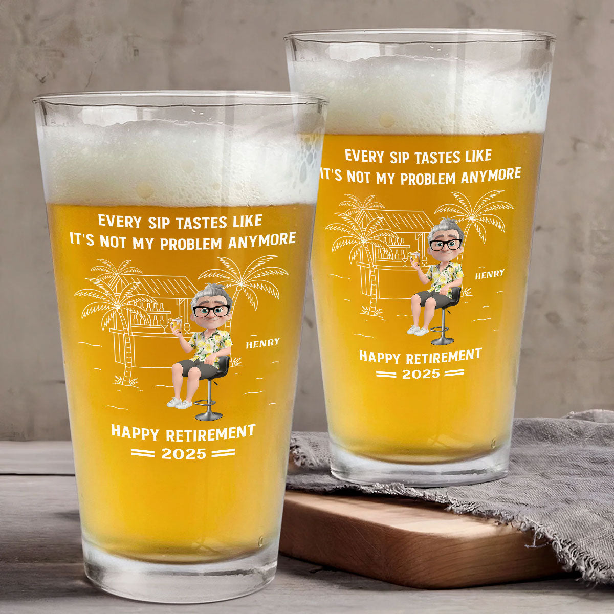 Happily Retired Male Ver - Personalized Custom Beer Glass