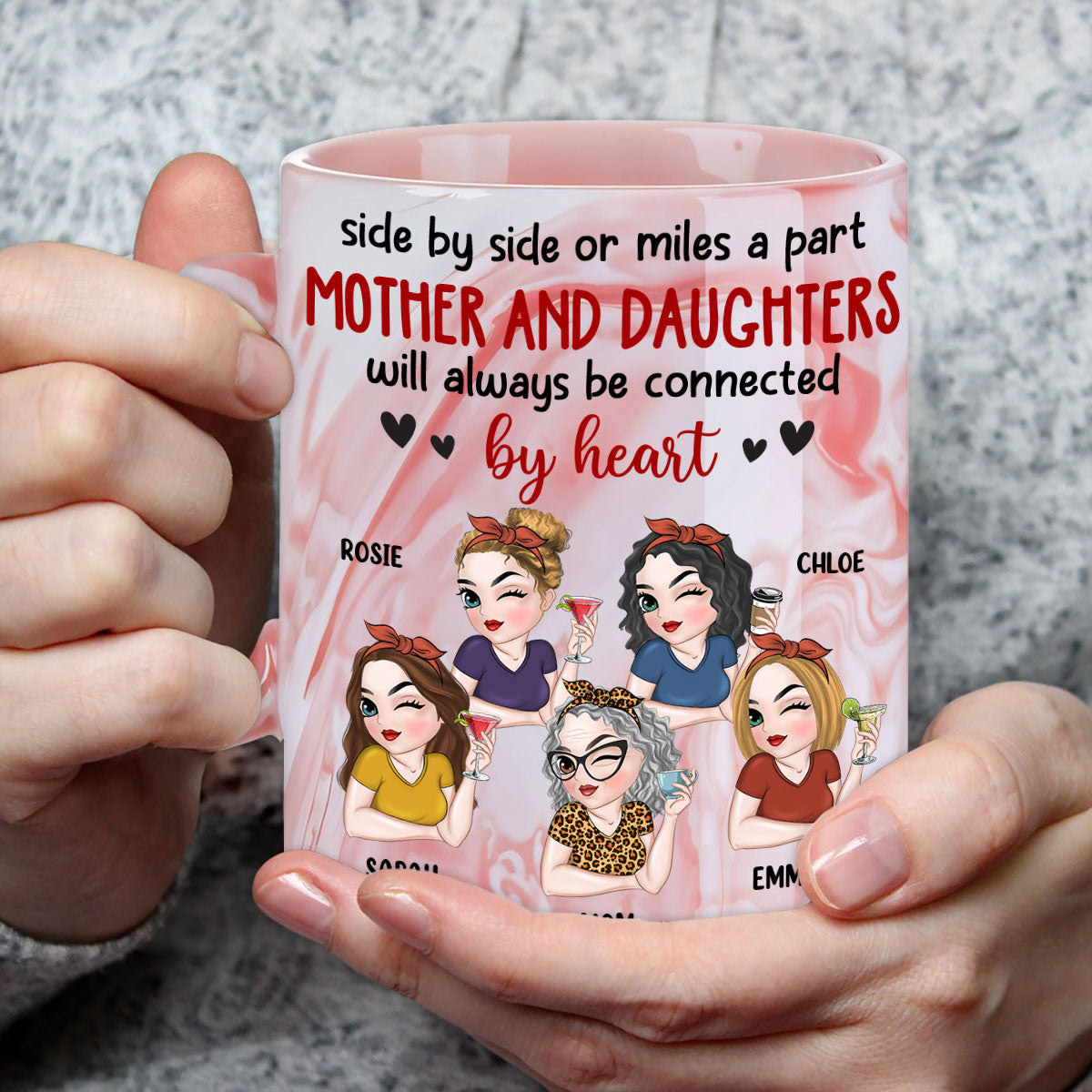 Will Always Be Connected By Heart - Personalized Custom Pink Marble Mug