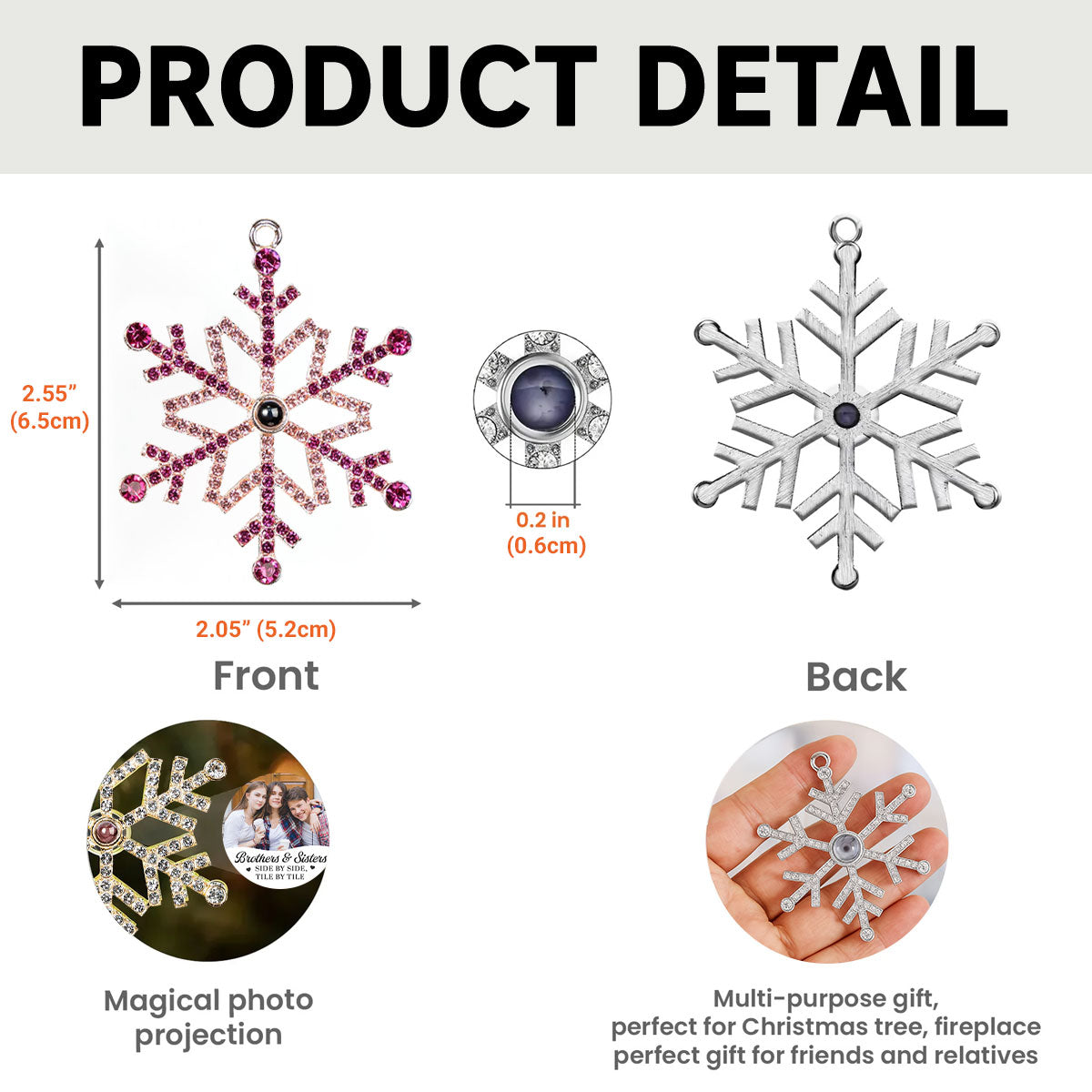 Side By Side Tile By Tile - Personalized Custom Photo Snowflake Projection Ornament