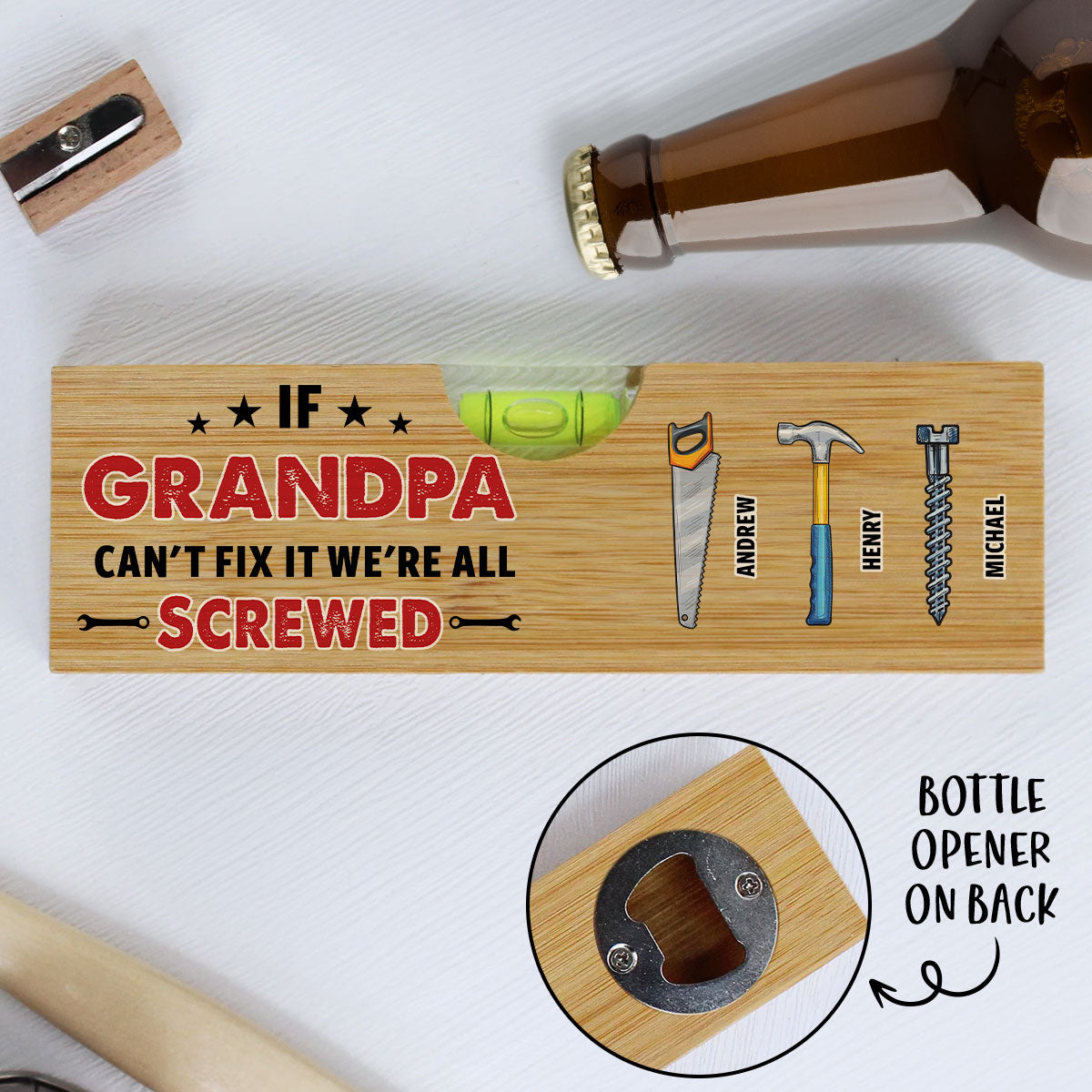 If Dad Cant Fix We Are Screwed - Personalized Custom Wooden Spirit Level Bottle Opener