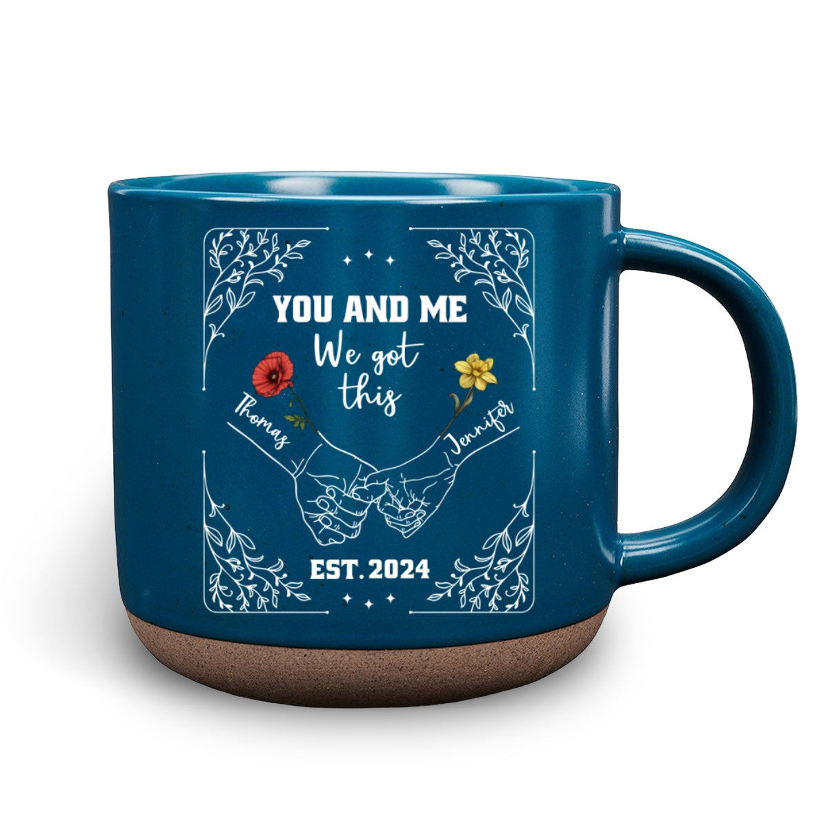 Birth Flower Hands In Hands - Personalized Custom Pottery Mug