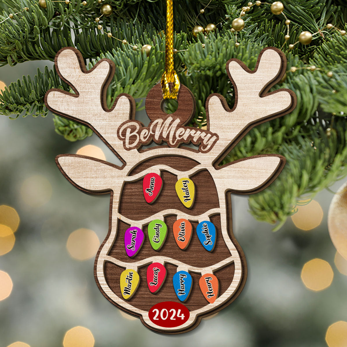 Reindeer Christmas Family Light - Personalized Custom 2-Layered Wood Ornament