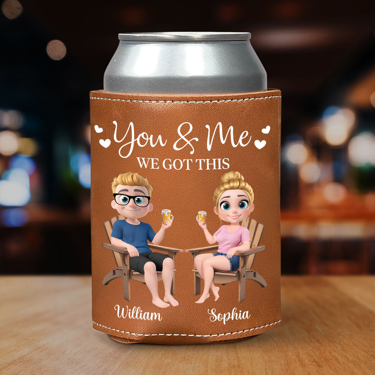 You And Me We Got This Anniversary Couple - Personalized Custom Leather Can Cooler Holder