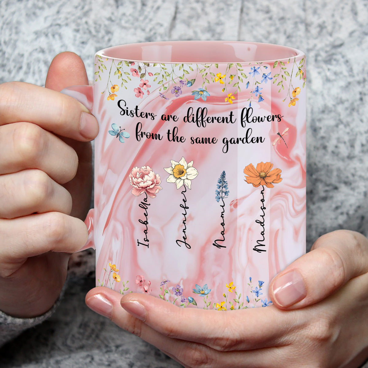 Sisters Are Different Flowers - Personalized Custom Pink Marble Mug