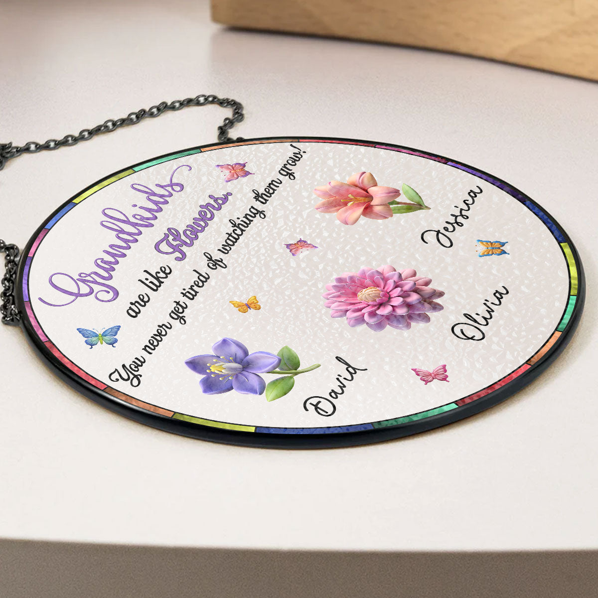 Never Get Tired Of Watching Grandkids Grow - Personalized Custom Window Hanging Suncatcher