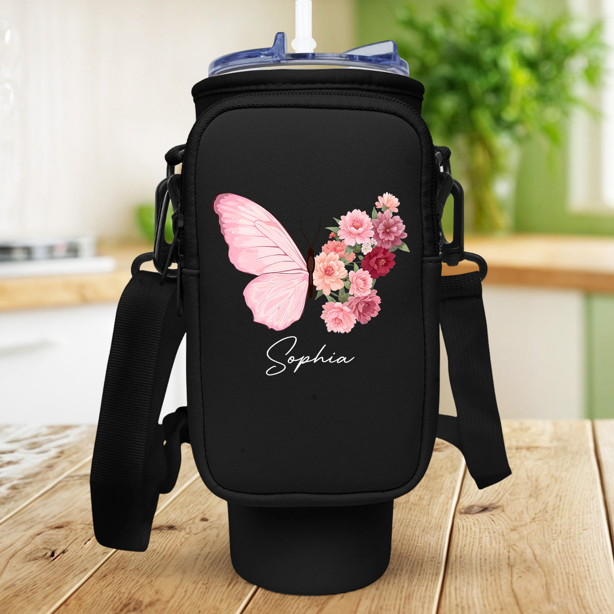 Butterfly Birthmonth Flower With Name - Personalized Custom 40oz Water Bottle Carrier Bag