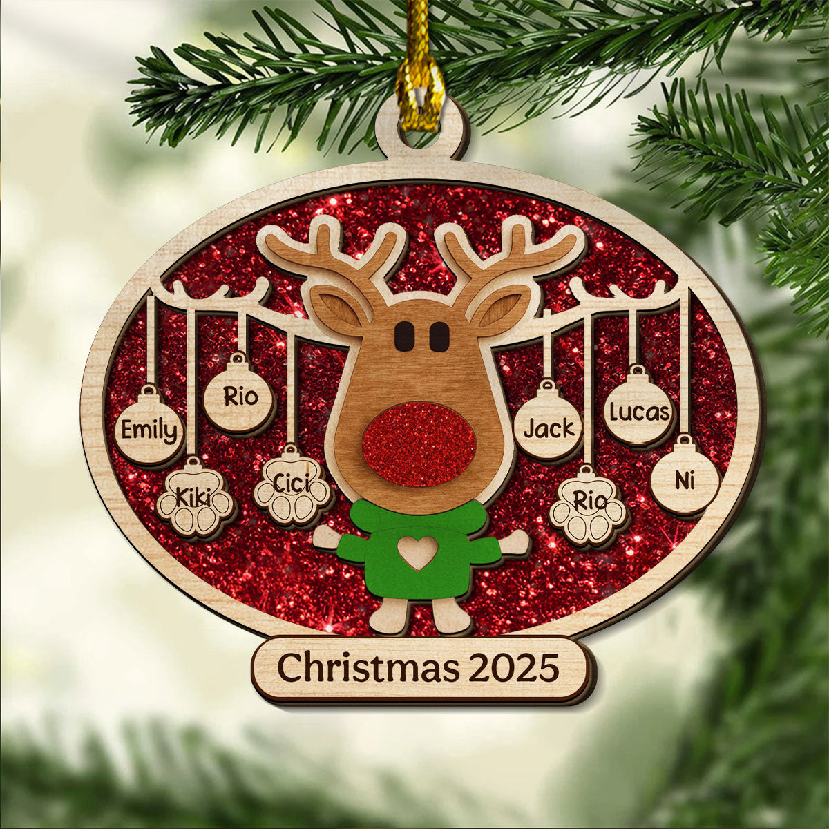 Christmas Reindeer Family Forever - Personalized Custom 2-layered Wood Ornament