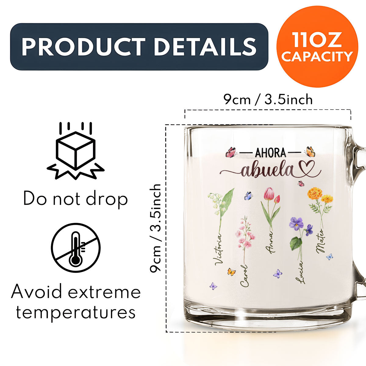 Flor del mes de nacimiento de la abuela - Taza de vidrio personalizada