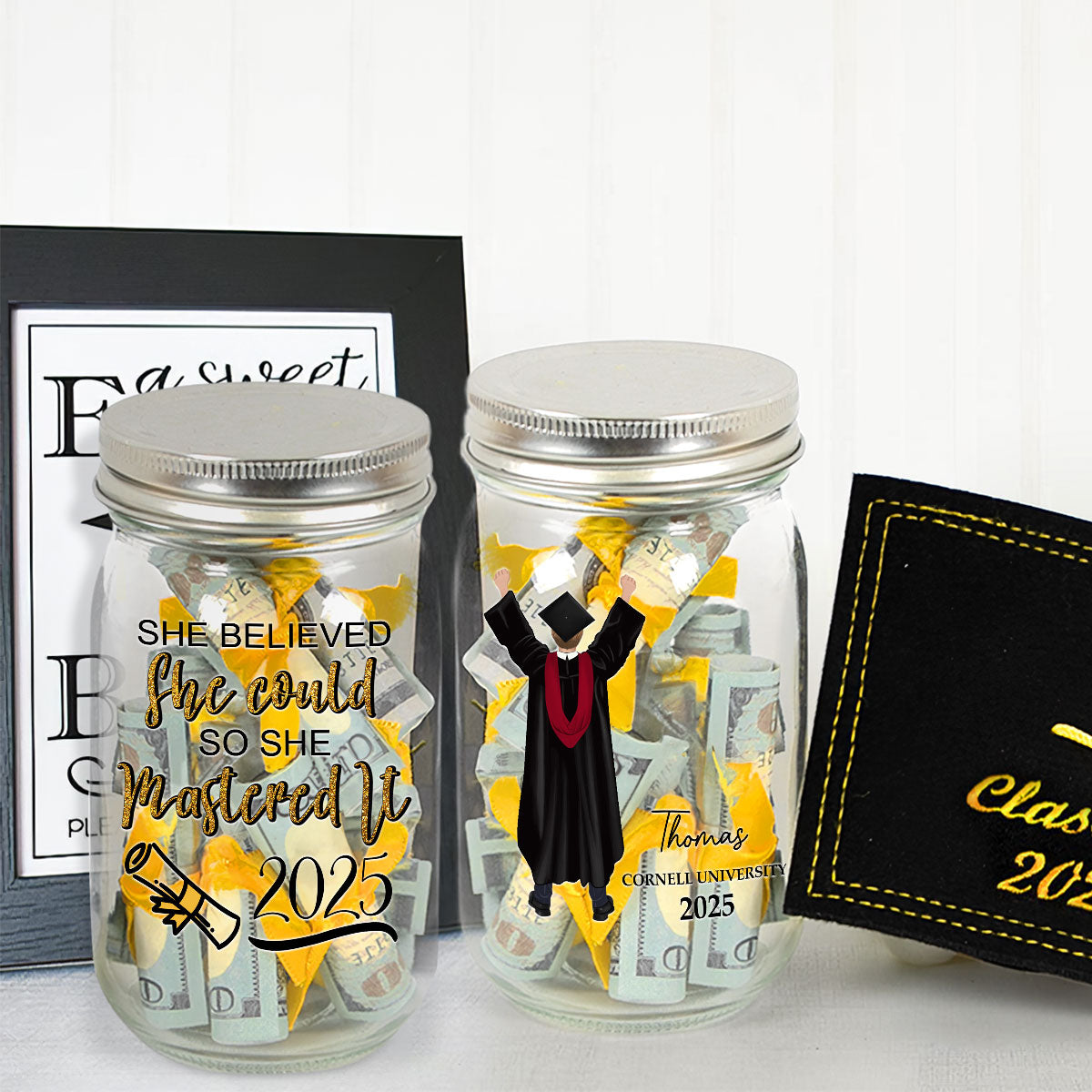 She Believed She Could - Personalized Custom Graduation Mason Jar Light