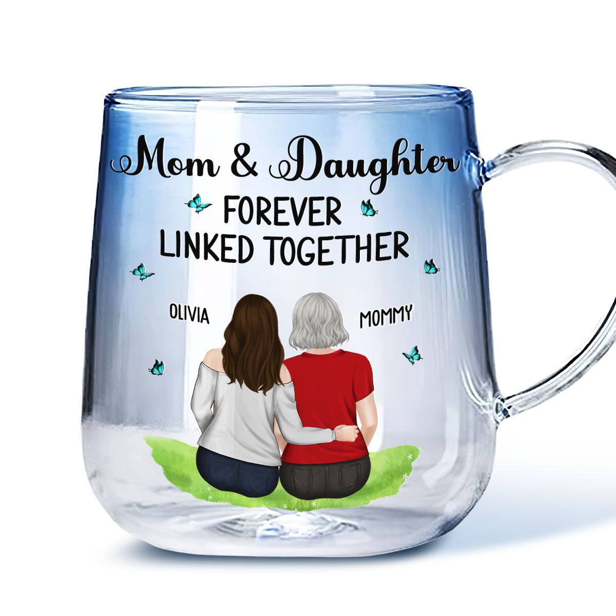 Mother And Daughter Linked Forever - Personalized Custom Blue Gradient Glass Mug