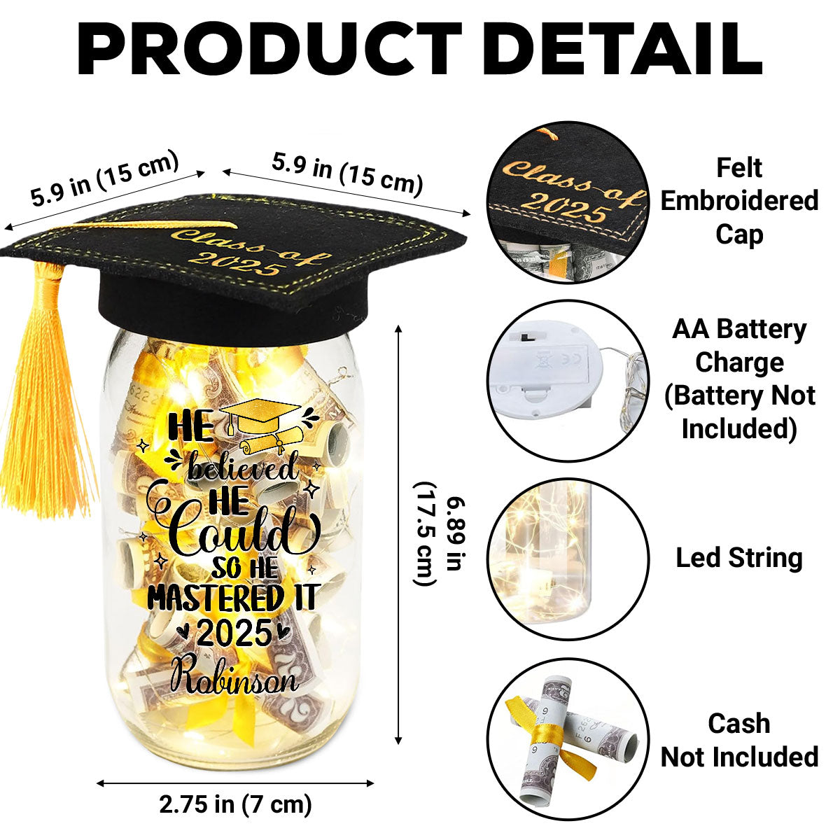 She Mastered It - Personalized Custom Graduation Mason Jar Light