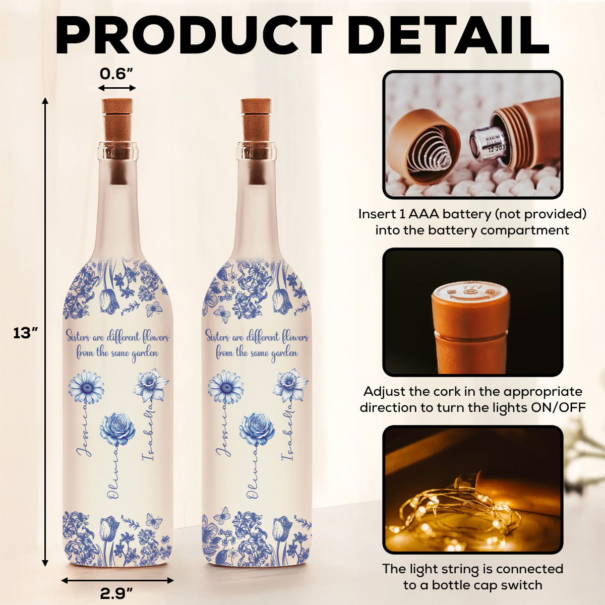 Sisters Are Different Flowers From The Same Garden - Personalized Custom Bottle Lamp