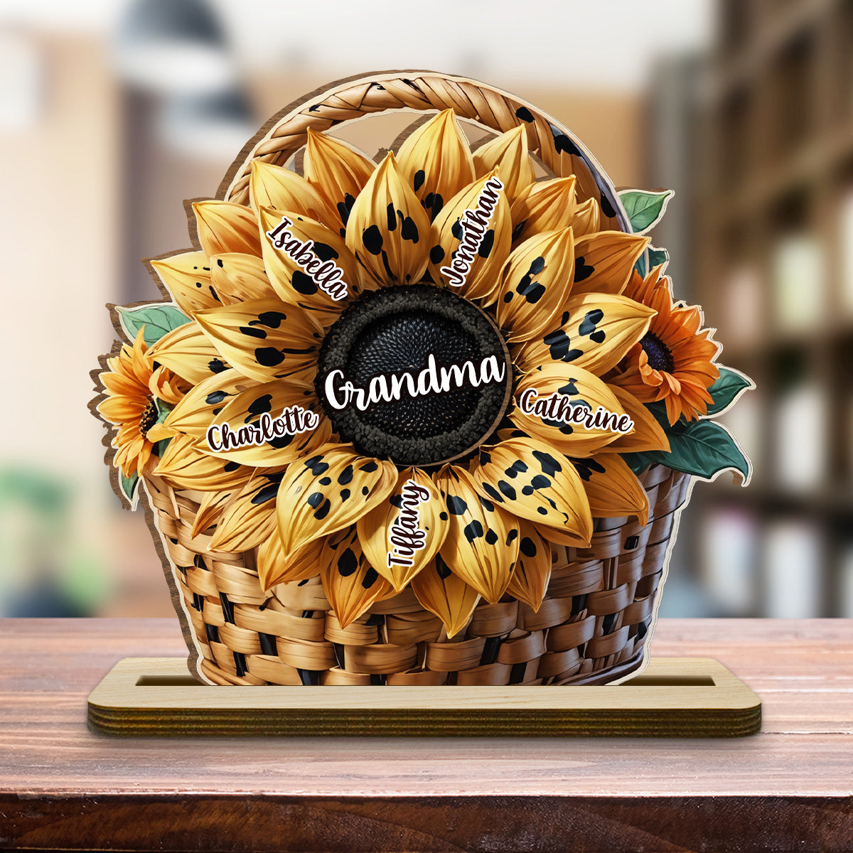 Family Sunflower - Personalized Custom 2-Layer Wood Plaque With Flat Base