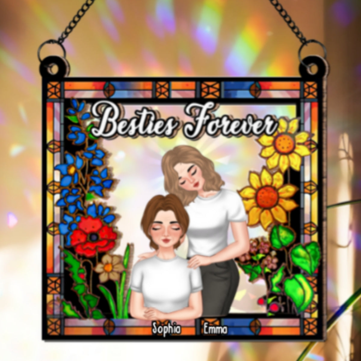 Besties Forever Floral Style - Personalized Custom Rainbow Suncatcher