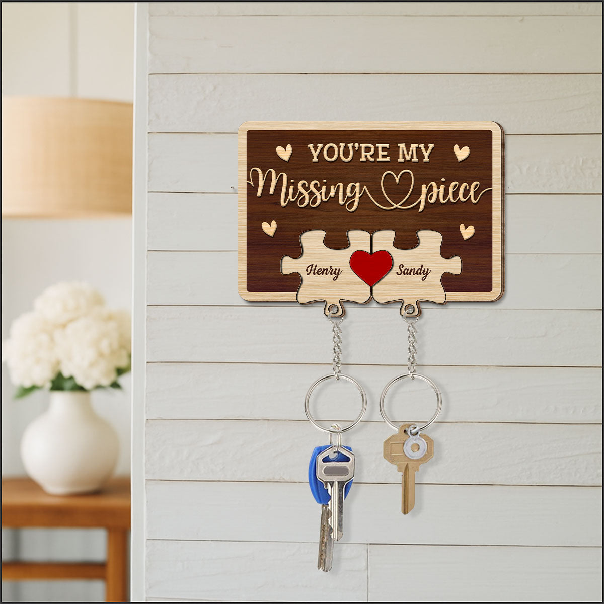 My Missing Piece - Personalized Custom Wooden Key Holder With Keychain