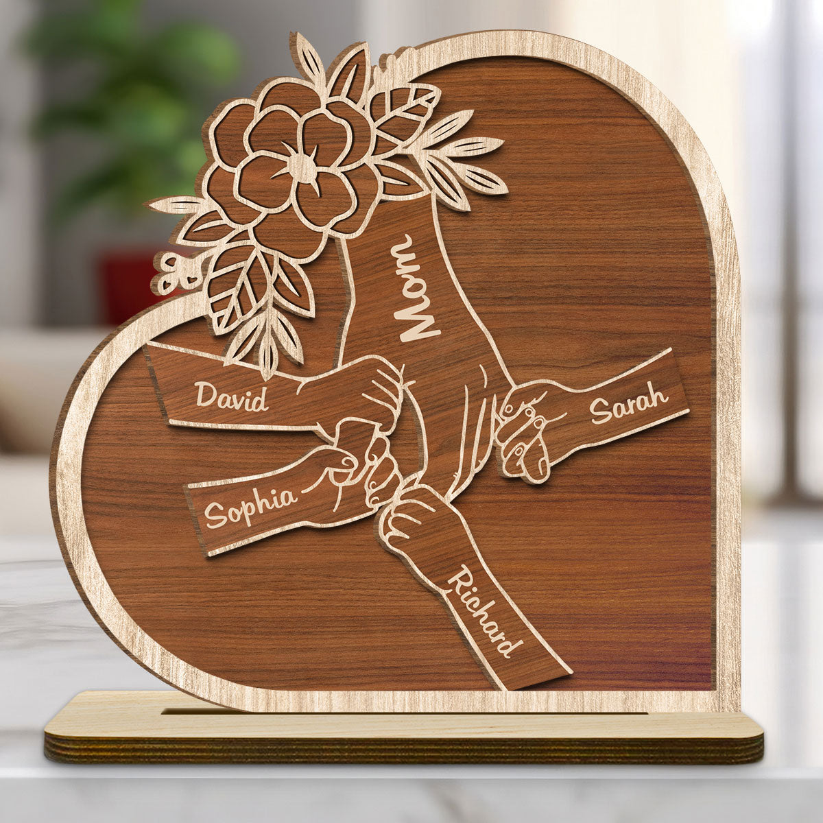 Mom Hold Our Hand And Our Heart - Personalized Custom 2-Layer Wood Plaque With Flat Base