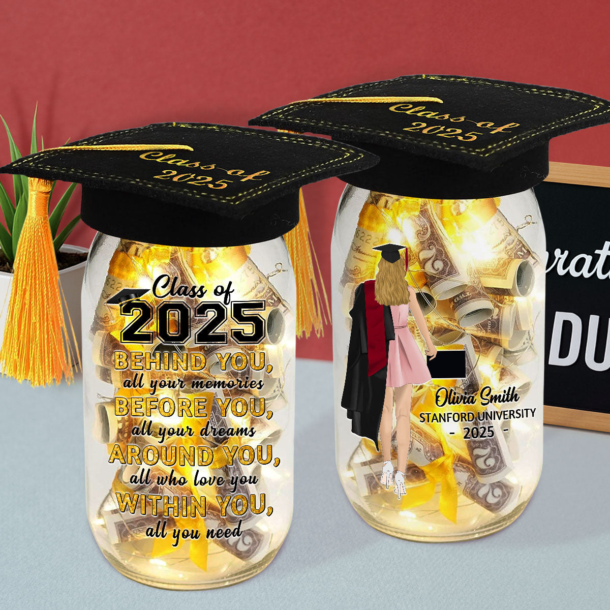 Behind You  All Your Memories - Personalized Custom Graduation Mason Jar Light