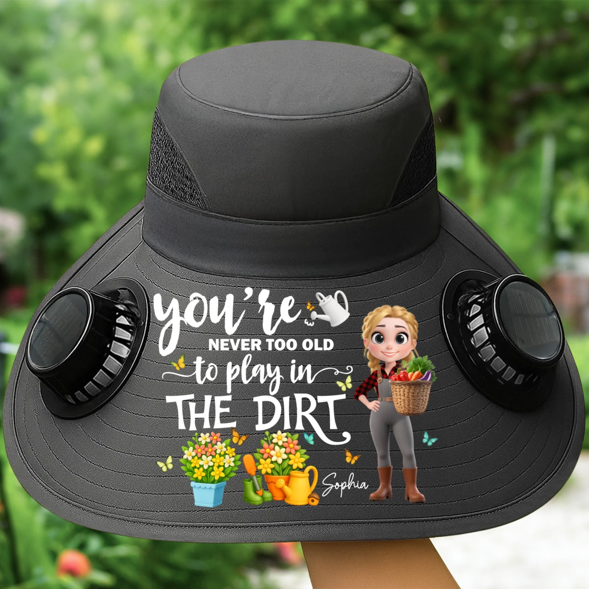 Never Too Old To Play In the Dirt - Personalized Custom Solar Fan Hat