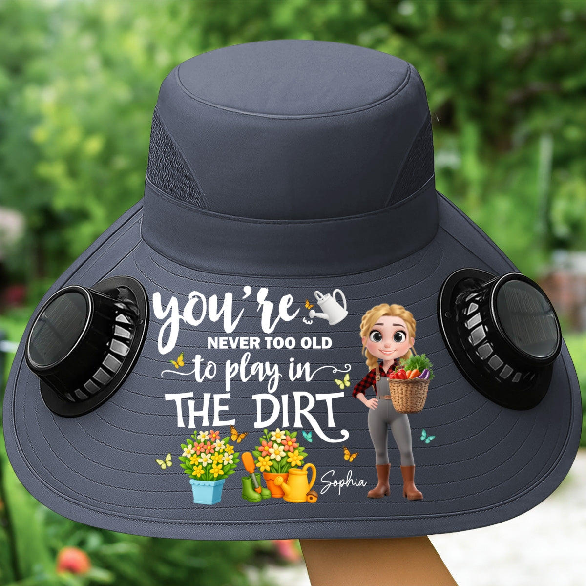 Never Too Old To Play In the Dirt - Personalized Custom Solar Fan Hat