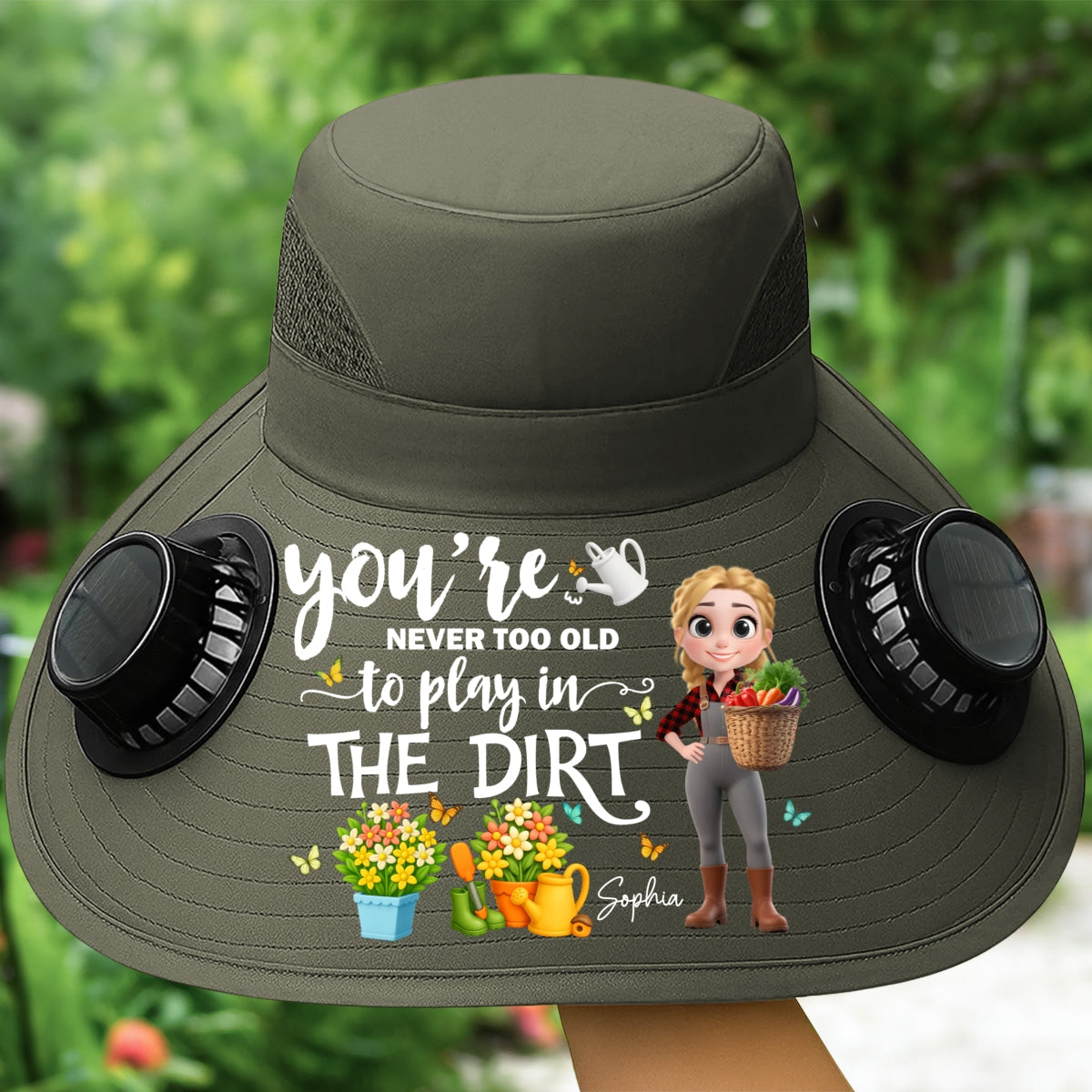 Never Too Old To Play In the Dirt - Personalized Custom Solar Fan Hat