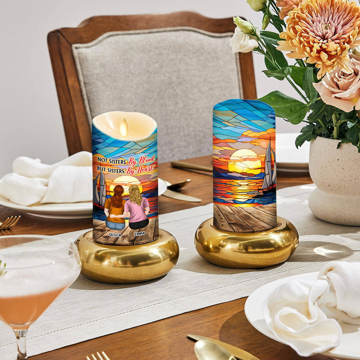 Not Sisters By Blood But Sisters By Heart - Personalized Custom LED Candle