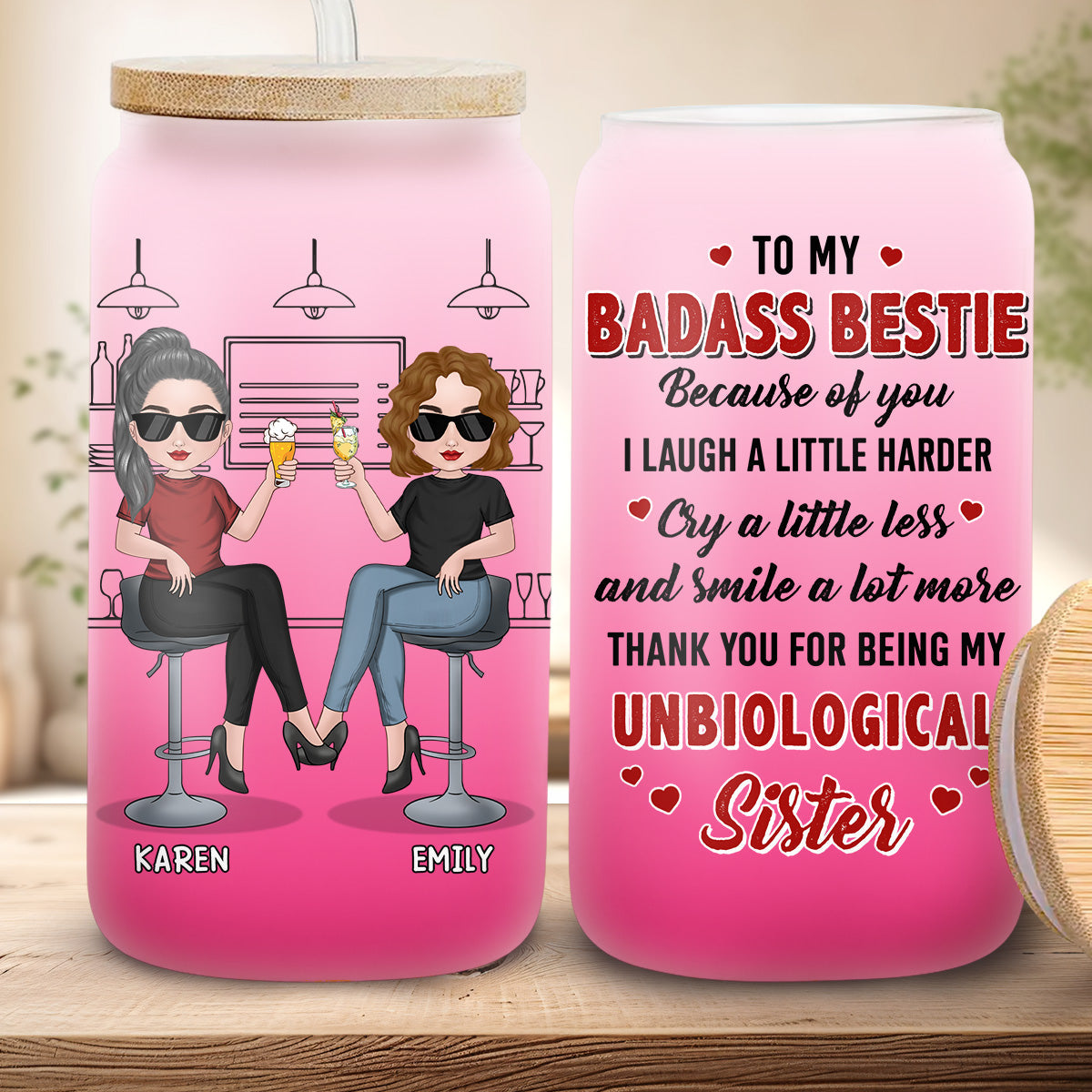 Because Of You I Laugh A Little Harder - Personalized Custom Ombre Frosted Glass Can