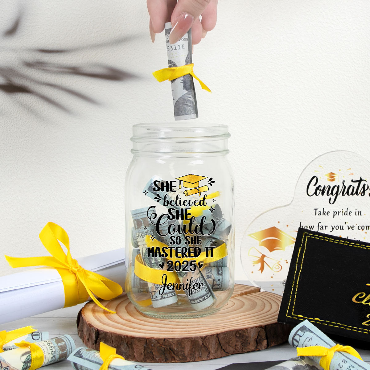She Mastered It - Personalized Custom Graduation Mason Jar Light