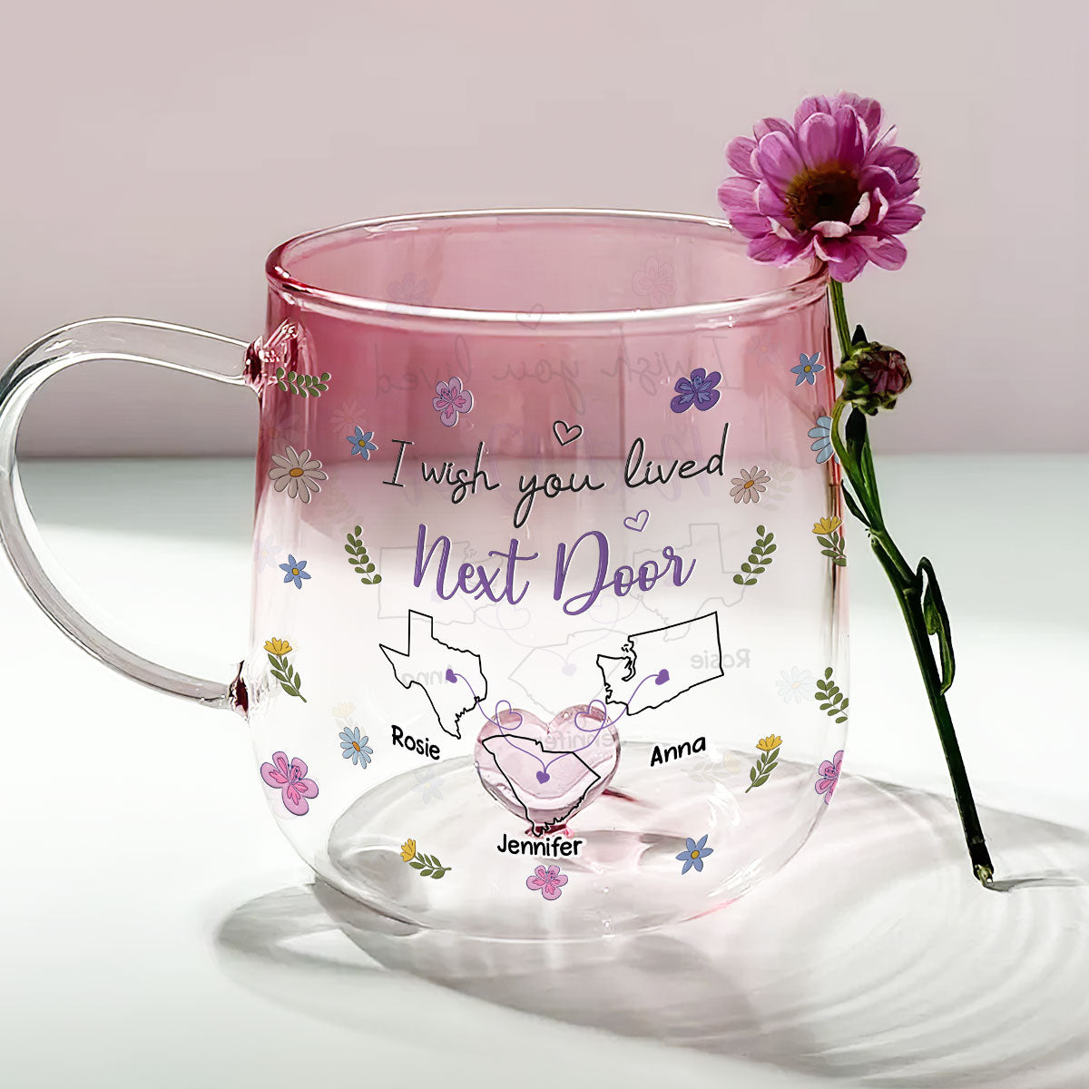 I Wish We Lived Closer Flowers Version - Personalized Custom Pink Gradient Glass Mug
