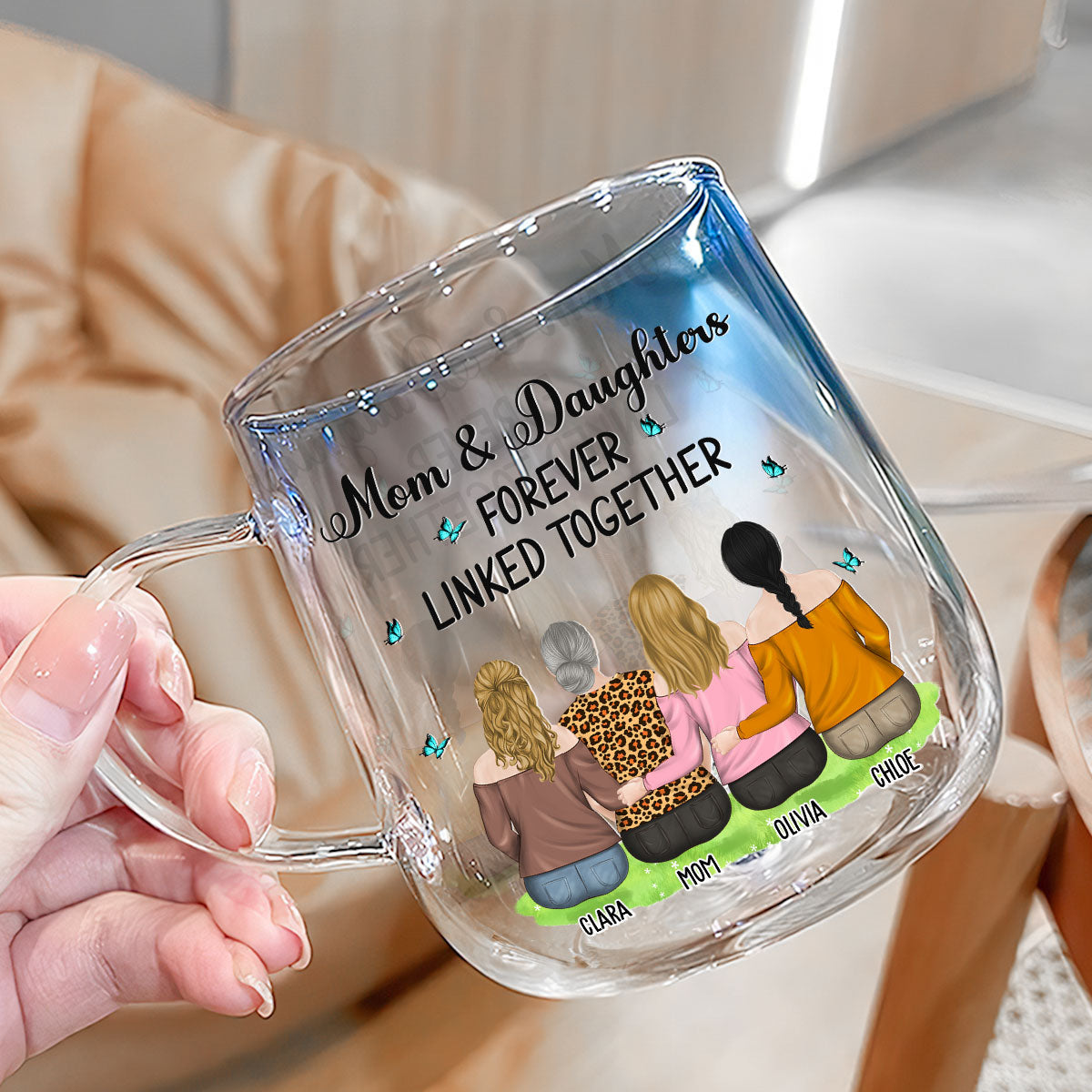 Mother And Daughter Linked Forever - Personalized Custom Blue Gradient Glass Mug