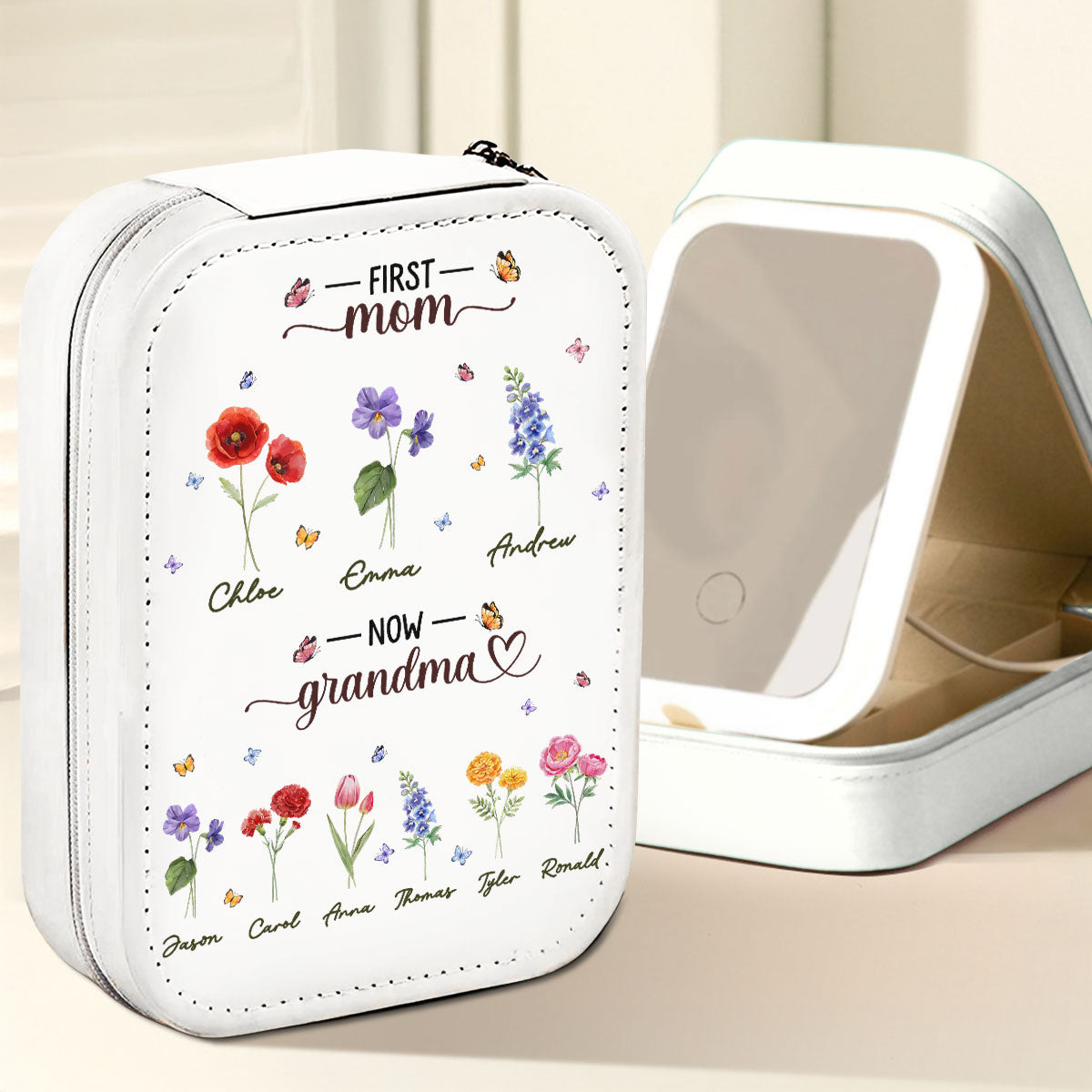 First Mom Now Grandma - Personalized Custom Jewelry Box With LED Mirror