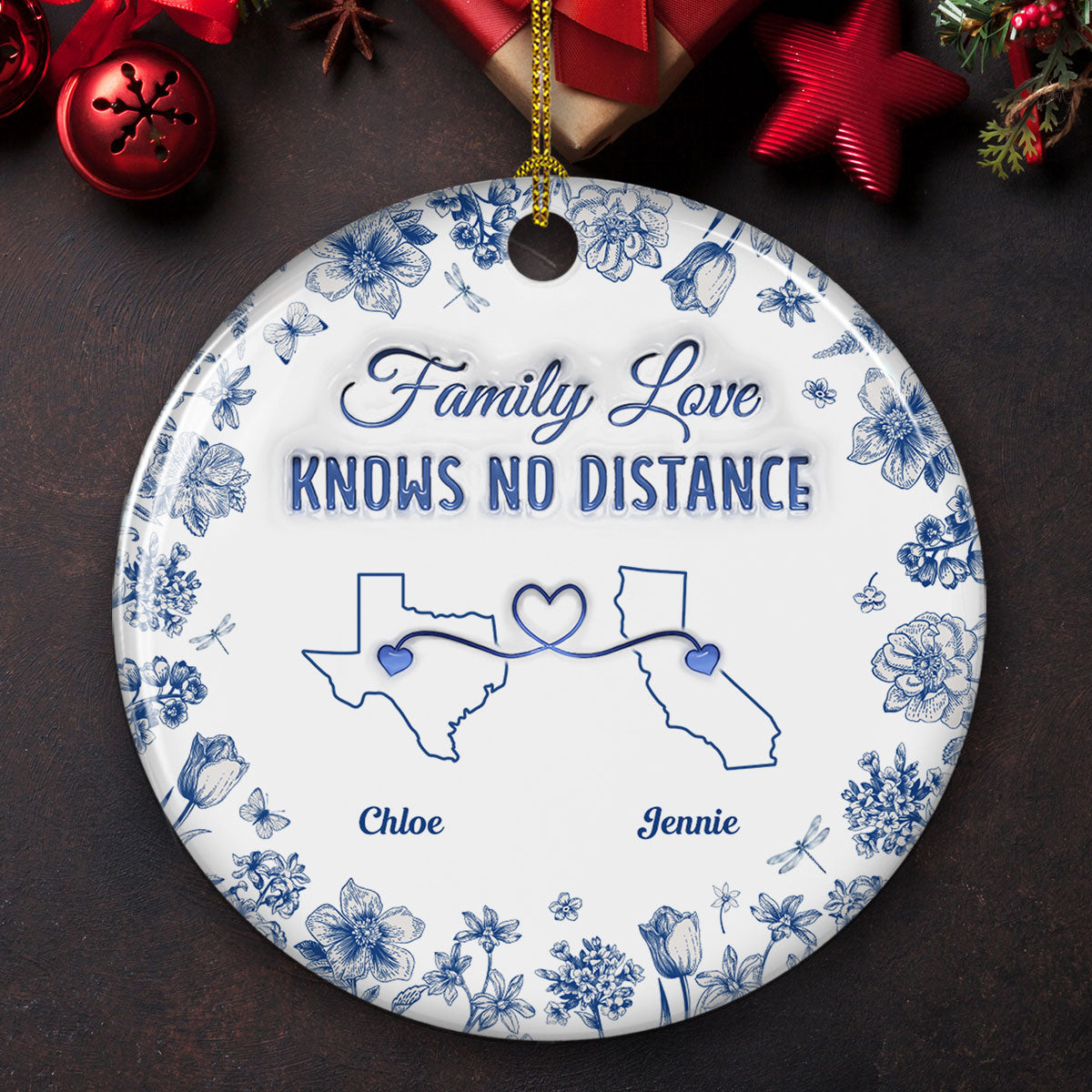 Family Love Knows No Distance Toile Style - Personalized Custom 3D Inflated Effect Ceramic Ornament