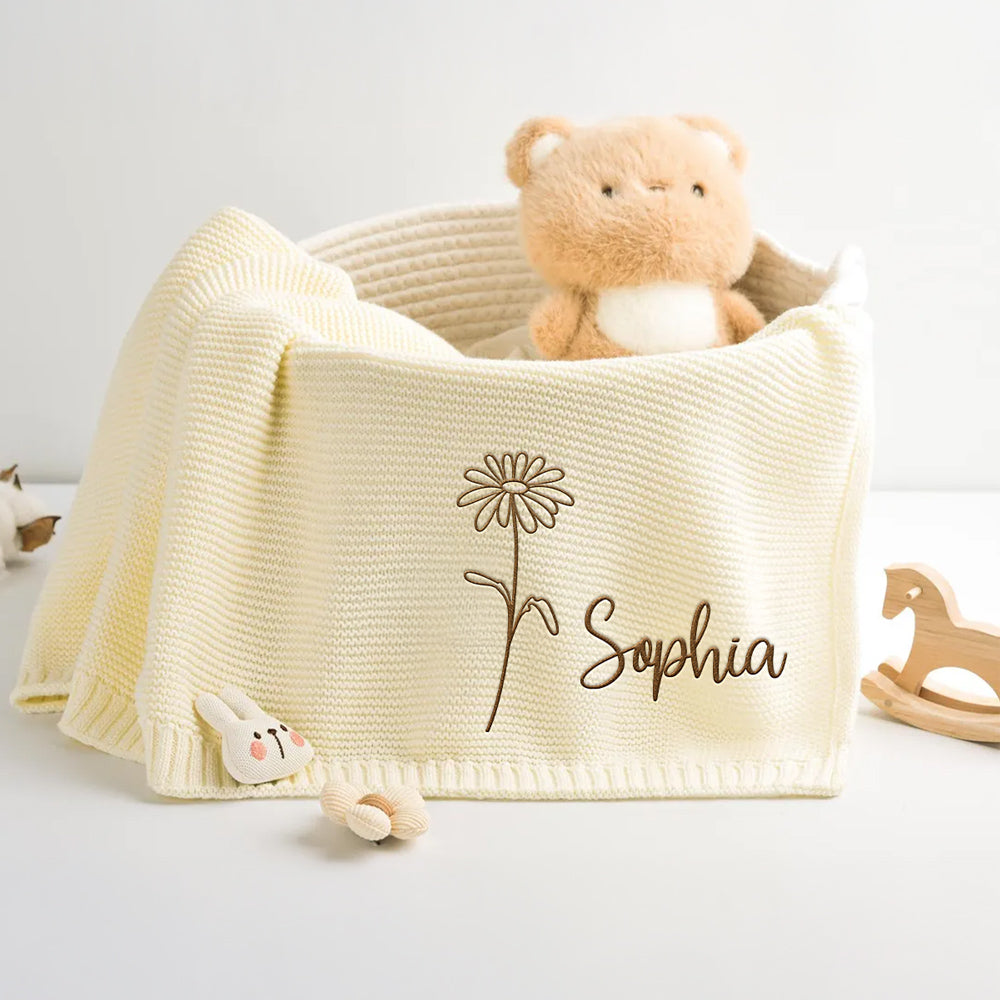 Soft Leaf - Personalized Custom Embroidered Knitted Baby Blanket